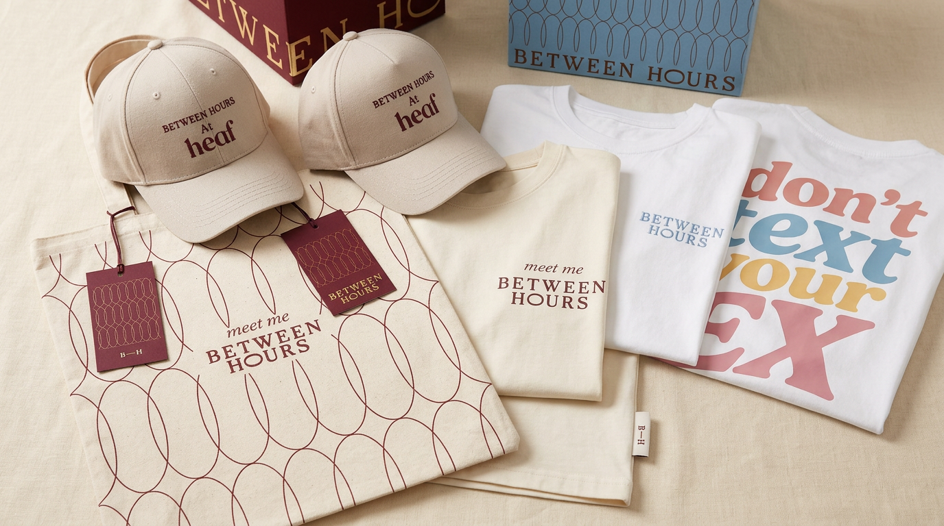 Between Hours merchandise: burgundy and blue boxes, oval-patterned tote, embroidered caps, and folded tees with the B—H monogram